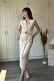 Belted V-Neck Buttoned Midi Beige Dress - 6