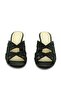 Genuine Leather Stone Detailed Mesh Heeled Slippers 752 Black Mesh Black Leather - 3