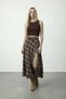 Women's Brown Plaid Slit Belted Midi Skirt