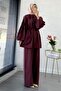 Oversize Birit Buttoned Linen Trousers Set - Claret Red - 7