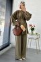 طقم بنطلون كتان بأزرار كبيرة الحجم - كاكي - 5