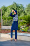 Women's Navy Blue Quick Dry High Neck Long Sleeve Closed Swimsuit - 2