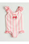 Strawberry Patterned Girl's Swimsuit with Bow and Ruffle Detail