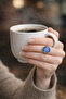 Blue-Colored Cat's Eye Stone Minimal Silver Ring - Glowing under Light, Adjustable - 2