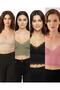 4-Piece Crop Set with Straps, Lace and Padded Bustier Bralet, 95% Cotton (1- Khaki, 1-Pink, 1-Black, 1-Cream)