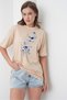 Blue Floral Printed Women's Cotton Combed Beige Color T-Shirt - 4