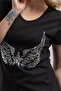 Women's Black Silver Sequin Embroidered Angel Wing Pattern V-Neck T-Shirt - 7