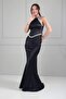 Women's Halter Neck Lined Long Satin Dress with Stone Detail - 3