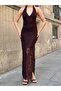 Halter Neck Lace Detailed Long Evening Dress - 4