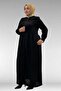 66004 Large Size Pleated Detailed Linen Robe - Black - 5