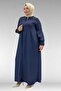 66004 Large Size Pleated Detailed Linen Robe - Navy Blue - 5