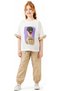 Girl's T-Shirt with Ruffle Detail on the Sleeves, Lettering and Picture Pattern, Parachute Fabric Pants, Beige Color, Two-Piece Set - 2