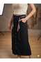Banny Jeans Front Side Buttoned Midi Length Lycra Navy Blue Jean Skirt with Scarf Belt