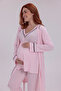Powder Piping Design Cotton Short Sleeve Maternity Pajama Set 3-Piece Pajama Set - 6