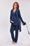Navy Blue Ribbed Design Cotton Short Sleeve Maternity Pajama Set of 3 - 6