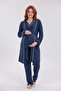Navy Blue Ribbed Design Cotton Short Sleeve Maternity Pajama Set of 3 - 3