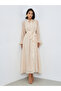 Beige Self-Design Shirt Maxi Dress with Tie-Belt - 3