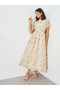 Cream Floral Puff Sleeves Maxi Dress with Tie-Belt - 3