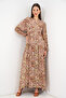 Women's Patterned Long Hijab Dress 2585 - Milky Brown - 4