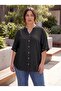 Cufflink Detailed Linen Blend Women's Plus Size Shirt Black