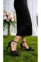 Black Satin Leather Women's Heeled Shoes with Bow and Ankle Buckle Stylish Shoes Vdz02011