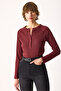 Women's Basic Long Sleeve T-Shirt with Patches - Burgundy - 4