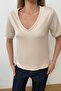 Women's V-Neck Modal Fabric Basic T-Shirt Beige - Ms0001587 - 2