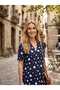 Women's Woven Fabric Navy Blue Polka Dot Short Sleeve Dress - 2
