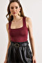 Women's Burgundy U-Neck Half-Length Double Layer Bodysuit with Six Snaps Bdy-00000060