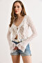 Women's White Lace-Up Detailed Boho Lace Blouse Blz-19003228 - 3
