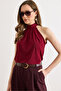 Women's Burgundy Collared Buttoned Halter Neck Flowy Blouse Blz-19002673 - 3
