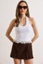 Women's White Halter Neck Lace Detailed Crop Blouse Blz-19003309 - 3