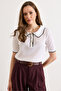 Women's White Stripe Detailed Polo Collar Openwork Knitwear Blouse Blz-19003227 - 5