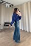 Blue Silver Stone Detailed High Waist Wide Leg Jeans - 4