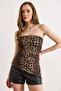 Women's Leopard Brown Strapless Asymmetrical Slit Detailed Sandy Blouse Blz-19003310 - 3