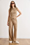 Women's Camel Blouse Pants Textured Suit Tkm-19000491 - 2