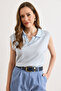 Women's Baby Blue Polo Collar Viscose Content Flowy Knitwear Blouse Blz-19003249 - 2