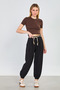 Women's Straw Belted Elastic Waist Pants - Black