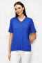 Women's V-Neck Collar Embroidered Combed Cotton T-Shirt Cobalt Blue - 2
