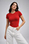 Women's Red Stretchy Fabric Slim Fit Short Sleeve Crop T-Shirt - 2