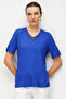 Women's V-Neck Collar Embroidered Combed Cotton T-Shirt Cobalt Blue - 3