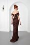 Women's Brown Boat Neck Beaded Long Evening Dress - 6