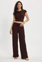 Women's Slim Fit Narrow Cut Crew Neck Sleeveless Textured Brown Wrinkled Blouse - 2