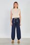 Women's Straw Belted Elastic Waist Pants - Navy Blue - 4