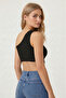 Women's Black One-Shoulder Crop Blouse with Window Detail - 4
