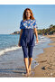 Women's Navy Blue Patterned Half Hijab Swimsuit - Below Knee Capri Leggings Swimsuit Set