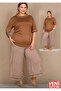 Cappuccino Large Size Striped Pocket Bottom Pajamas Crew Neck Short Sleeve Capri Pajamas Set 10743 - 3