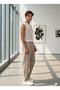Men's Beige Linen Muslin Blend Wide Leg Trousers - 6