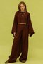 Women's Stone-Embellished Muslin Fabric Bat Sleeve Blouse with Tie-Up Pants Set Brown - 2