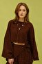 Women's Stone-Embellished Muslin Fabric Bat Sleeve Blouse with Tie-Up Pants Set Brown - 3